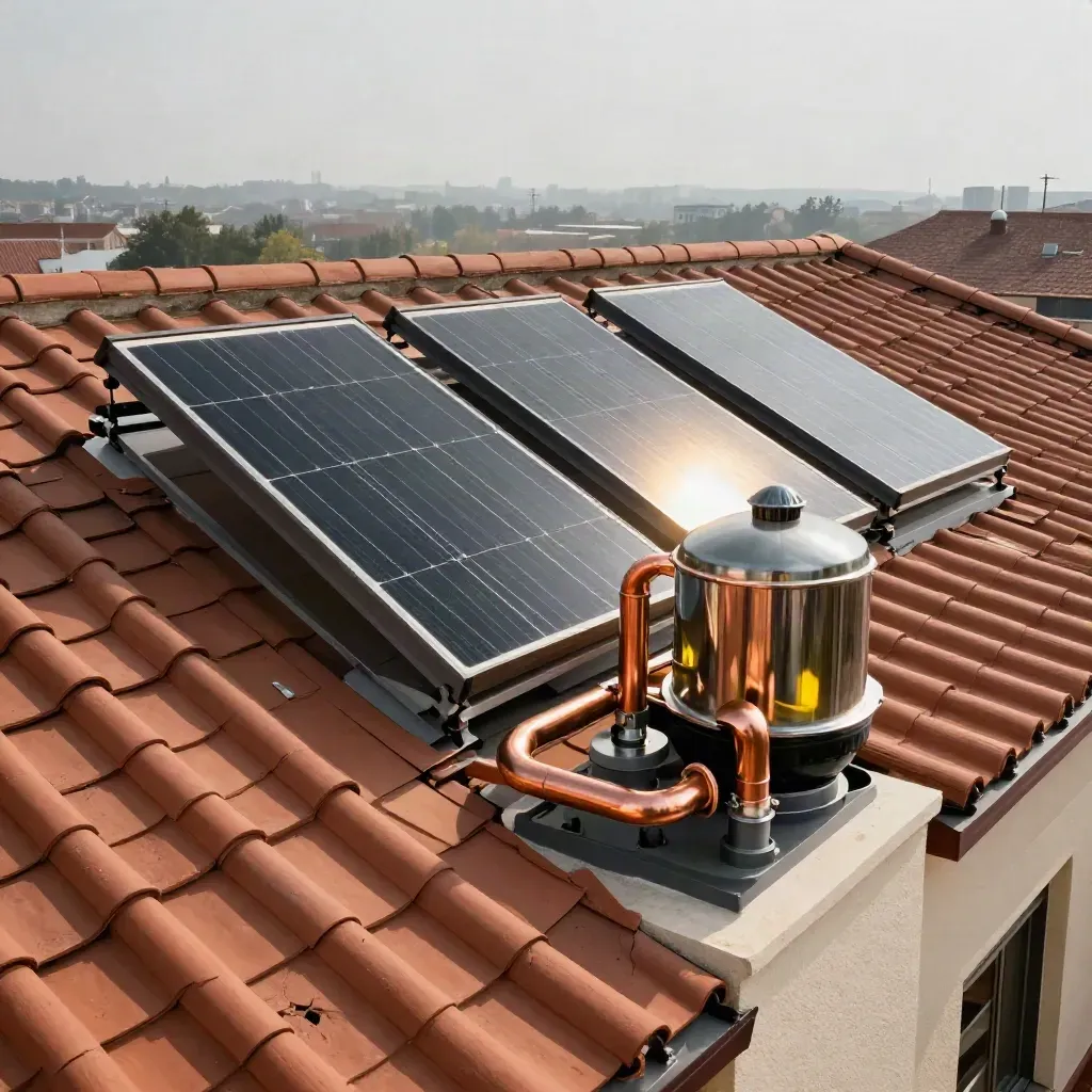 Paneles solares térmicos en un tejado con depósito y tuberías de cobre bajo luz de mediodía.