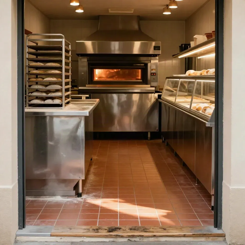 Panadería vacía y cálida con suelo radiante, bandejas de pan y horno encendido al fondo.