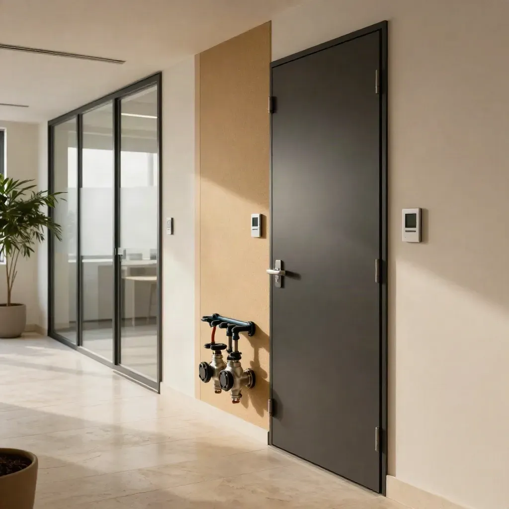 Pasillo de oficina en Madrid con puerta técnica, paneles acústicos y control zonificado