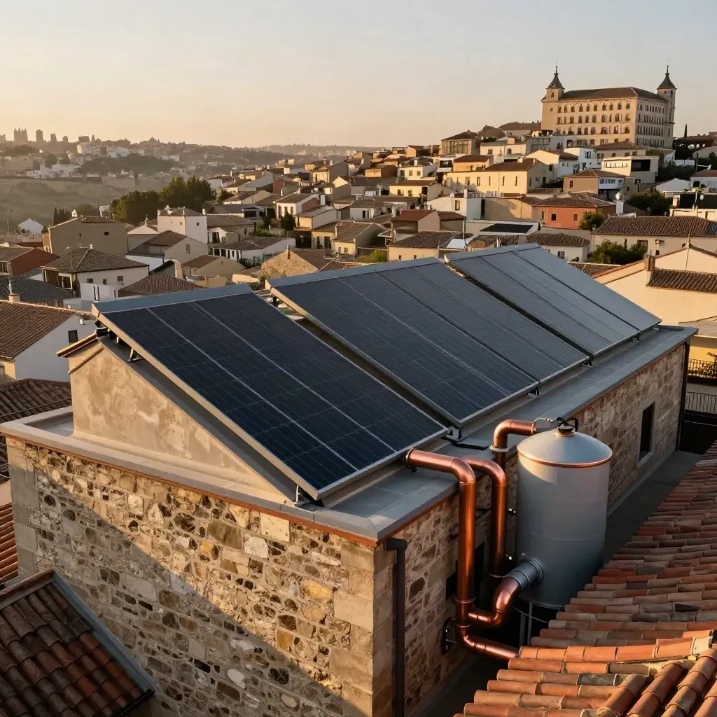 Paneles solares en una azotea de Toledo con depósito y tuberías de cobre al amanecer
