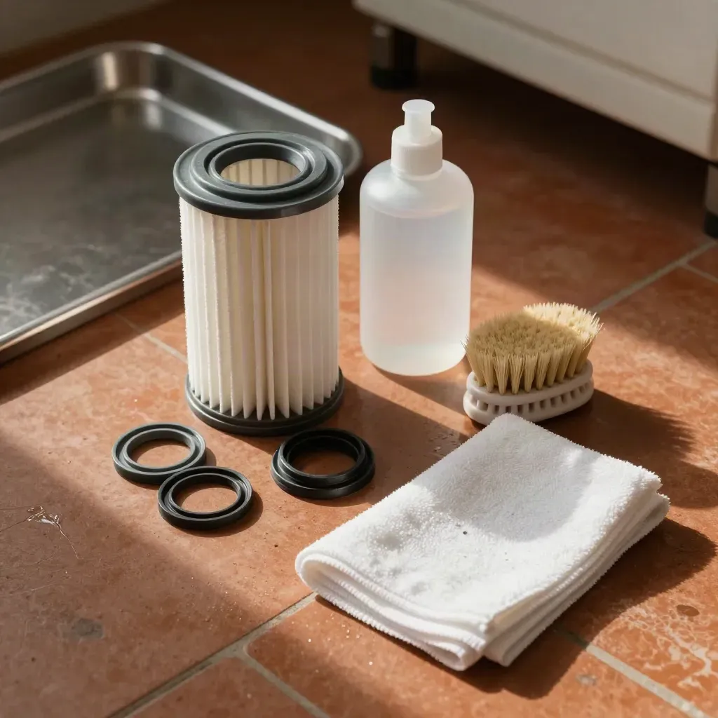 Kit de mantenimiento de calefacción con filtros, juntas, descalcificador, cepillo y paño.