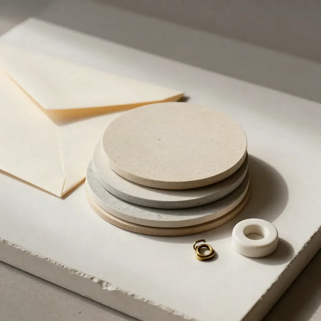 Muestras de materiales, sobre y clip de latón sobre fondo claro con luz suave.