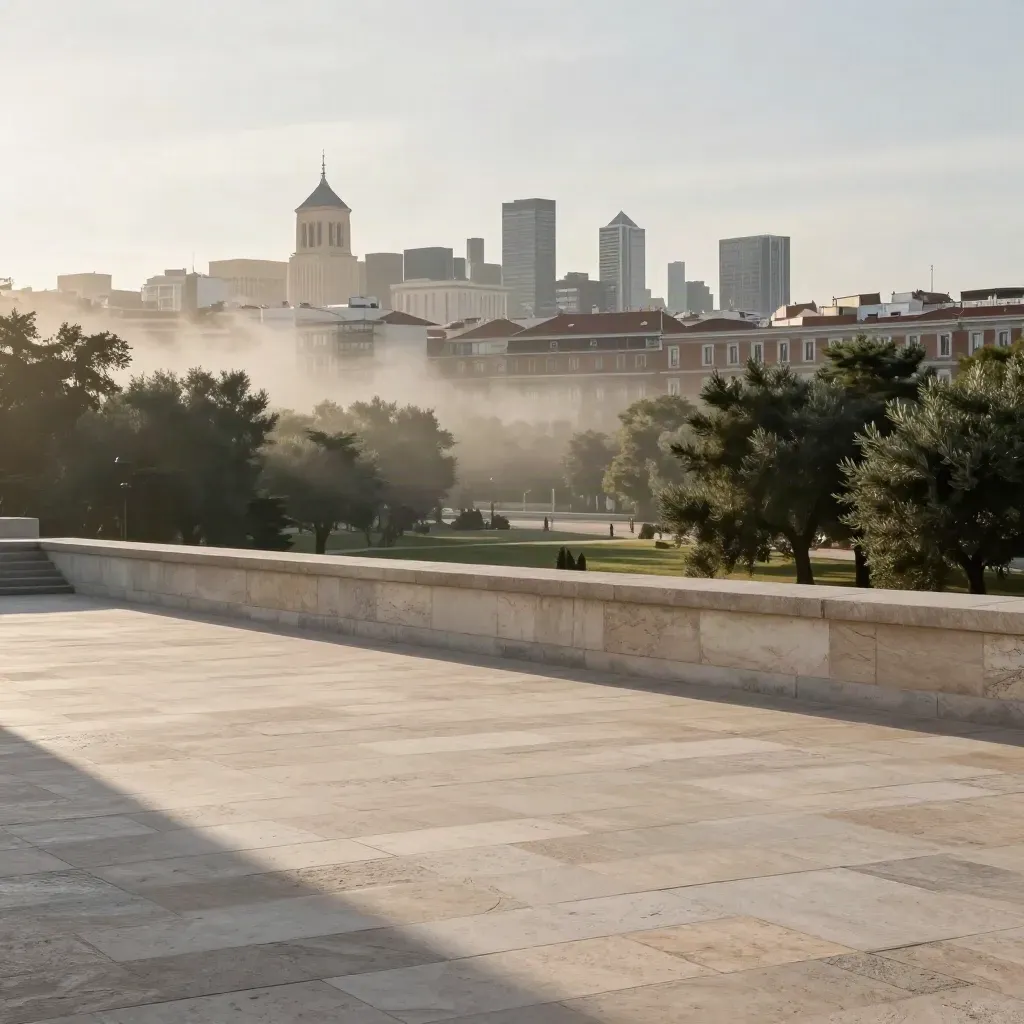 Panorama de Madrid al amanecer con terraza vacía, parque arbolado y torres lejanas entre bruma.