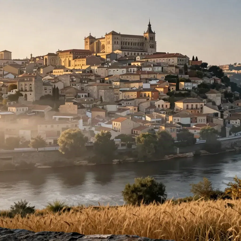 Toledo al amanecer sobre el Tajo, con niebla dorada y campos suaves