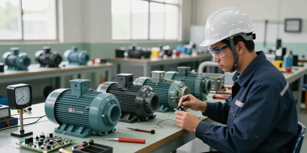 Examinando motores eléctricos Venezuela en taller industrial con ingeniero enfocado.