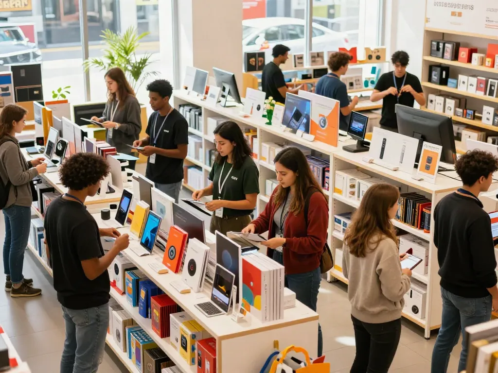 Customer engagement in vibrant shopping environment showcasing various productos